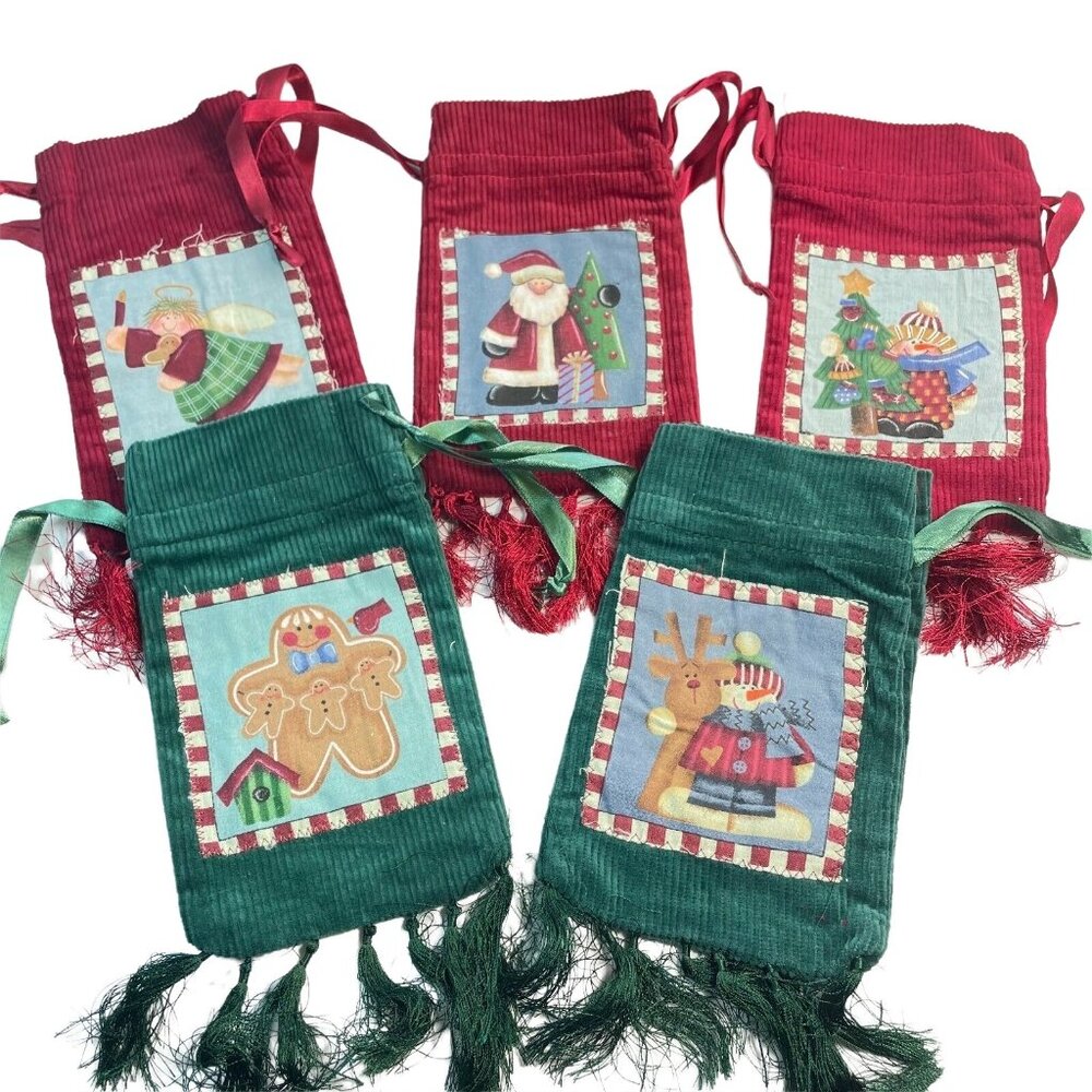 Lot 5 Vintage Corduroy Christmas Gift Bags u 7 x 4 Drawstring Closure Red Green